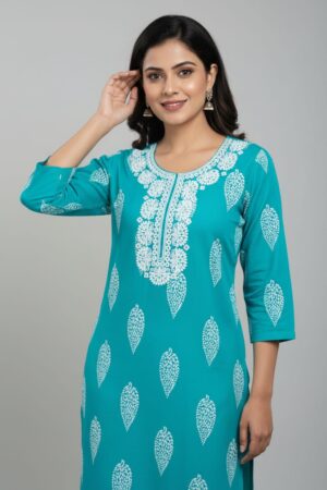 Women Blue Cotton Chikankari Embroidered Kurti